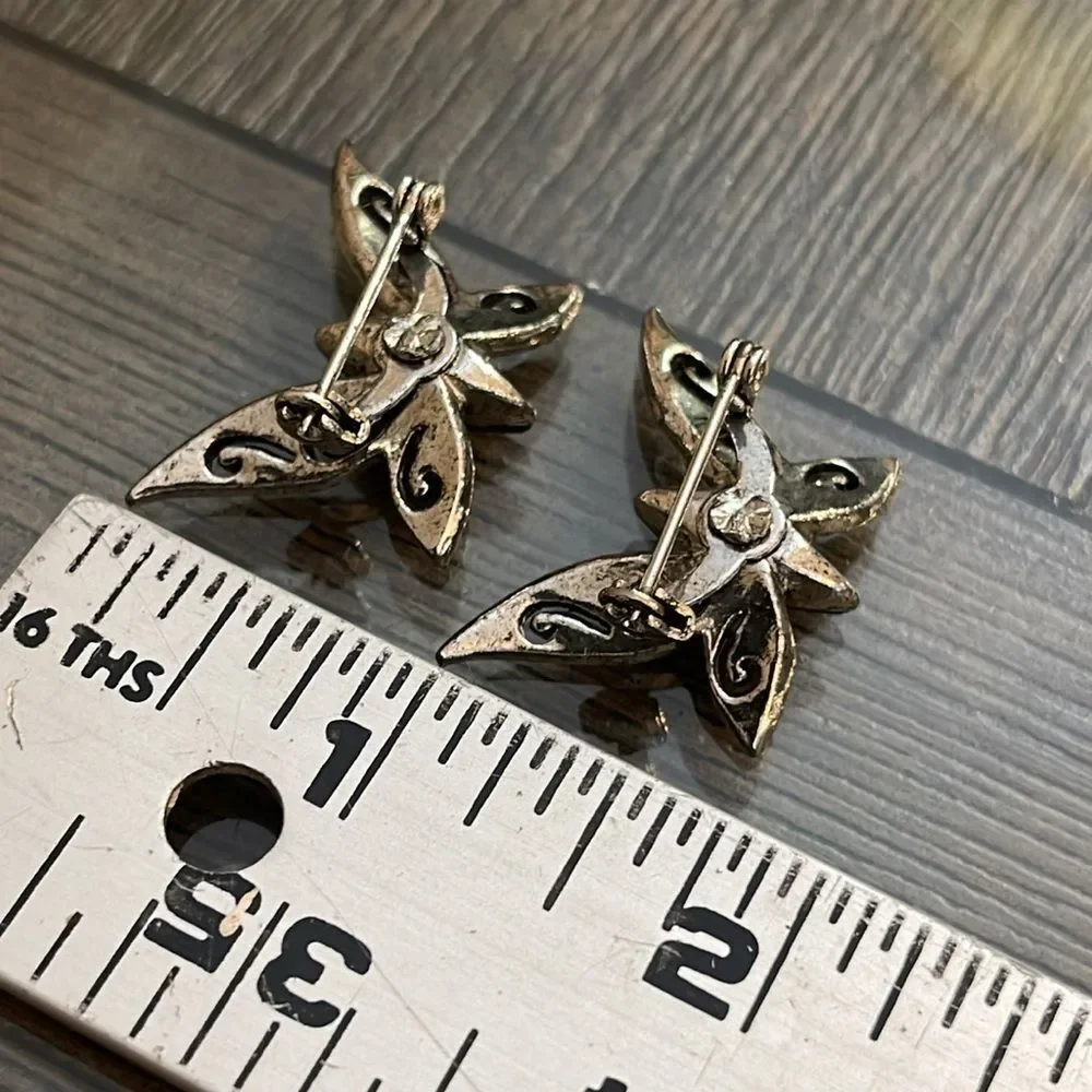 2 Vintage Sliver-tone Butterfly with Jet Black Rhinestone with Bracelet
